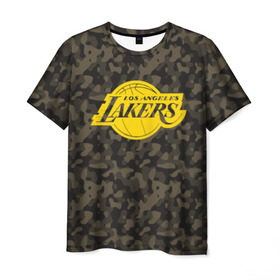 Мужская футболка 3D с принтом Los Angeles Lakers Camo Gold в Екатеринбурге, 100% полиэфир | прямой крой, круглый вырез горловины, длина до линии бедер | 