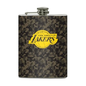 Фляга с принтом Los Angeles Lakers Camo Gold в Екатеринбурге, металлический корпус | емкость 0,22 л, размер 125 х 94 мм. Виниловая наклейка запечатывается полностью | Тематика изображения на принте: 