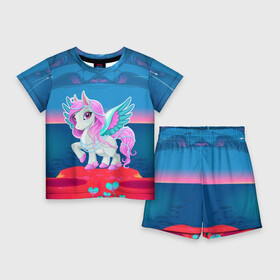 Детский костюм с шортами 3D с принтом Милый единорог в Екатеринбурге,  |  | pony | грива | девочка | единорог | конь | копыта | красивая | лошадка | лошадь | милая | пони | природа закат | радуга