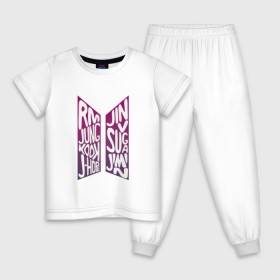 Детская пижама хлопок с принтом BTS (Имена). в Екатеринбурге, 100% хлопок |  брюки и футболка прямого кроя, без карманов, на брюках мягкая резинка на поясе и по низу штанин
 | Тематика изображения на принте: 2019 | bts | j hope | jimin | jin | jungkook | k pop | new | rm | suga | v | бтс | имена | лого | логотип | музыка | надпись | хлопок | эмблема