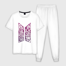 Мужская пижама хлопок с принтом BTS (Имена). в Екатеринбурге, 100% хлопок | брюки и футболка прямого кроя, без карманов, на брюках мягкая резинка на поясе и по низу штанин
 | Тематика изображения на принте: 2019 | bts | j hope | jimin | jin | jungkook | k pop | new | rm | suga | v | бтс | имена | лого | логотип | музыка | надпись | хлопок | эмблема