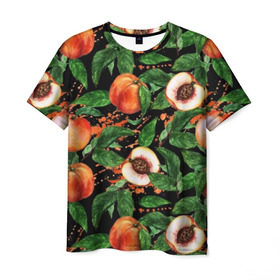 Мужская футболка 3D с принтом Персики в Екатеринбурге, 100% полиэфир | прямой крой, круглый вырез горловины, длина до линии бедер | аромат | зелень | лето | листья | персик | плоды | сад | сочный | спелый | фрукты | цветы