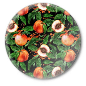 Значок с принтом Персики в Екатеринбурге,  металл | круглая форма, металлическая застежка в виде булавки | аромат | зелень | лето | листья | персик | плоды | сад | сочный | спелый | фрукты | цветы
