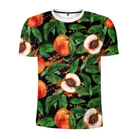 Мужская футболка 3D спортивная с принтом Персики в Екатеринбурге, 100% полиэстер с улучшенными характеристиками | приталенный силуэт, круглая горловина, широкие плечи, сужается к линии бедра | аромат | зелень | лето | листья | персик | плоды | сад | сочный | спелый | фрукты | цветы