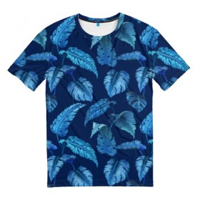 Мужская футболка 3D с принтом Листья. Ночные тропики в Екатеринбурге, 100% полиэфир | прямой крой, круглый вырез горловины, длина до линии бедер | абстракция | зелень | листья | ночь | природа | растение | тропики | цветы