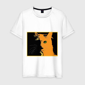 Мужская футболка хлопок с принтом кот в Екатеринбурге, 100% хлопок | прямой крой, круглый вырез горловины, длина до линии бедер, слегка спущенное плечо. | белая | кот | котики | коты | кошка | кошки | толстовка