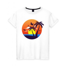 Женская футболка хлопок с принтом Пляжный закат в Екатеринбурге, 100% хлопок | прямой крой, круглый вырез горловины, длина до линии бедер, слегка спущенное плечо | 