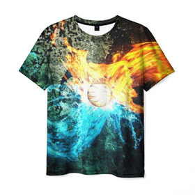 Мужская футболка 3D с принтом Альфа и Омега в Екатеринбурге, 100% полиэфир | прямой крой, круглый вырез горловины, длина до линии бедер | битва огней | битва стихий | взрыв | вода | лед и пламя | лучи | огонь | огонь и вода | пламя | скала | текстура | энергия