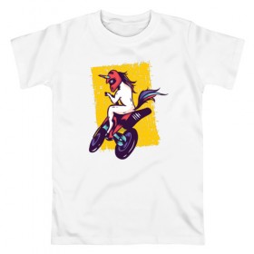 Мужская футболка хлопок с принтом Мотоциклист Единорог в Екатеринбурге, 100% хлопок | прямой крой, круглый вырез горловины, длина до линии бедер, слегка спущенное плечо. | Тематика изображения на принте: unicorn | единорог | мотоцикл