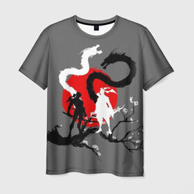 Мужская футболка 3D с принтом Битва драконов в Екатеринбурге, 100% полиэфир | прямой крой, круглый вырез горловины, длина до линии бедер | Тематика изображения на принте: anime | meme | tokyo | аниме | герой | иероглиф | луна | манга | сакура | самурай | солнце | стиль | фентези | япония