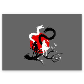 Поздравительная открытка с принтом Битва драконов в Екатеринбурге, 100% бумага | плотность бумаги 280 г/м2, матовая, на обратной стороне линовка и место для марки
 | anime | meme | tokyo | аниме | герой | иероглиф | луна | манга | сакура | самурай | солнце | стиль | фентези | япония