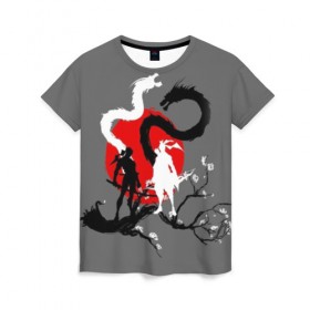 Женская футболка 3D с принтом Битва драконов в Екатеринбурге, 100% полиэфир ( синтетическое хлопкоподобное полотно) | прямой крой, круглый вырез горловины, длина до линии бедер | anime | meme | tokyo | аниме | герой | иероглиф | луна | манга | сакура | самурай | солнце | стиль | фентези | япония