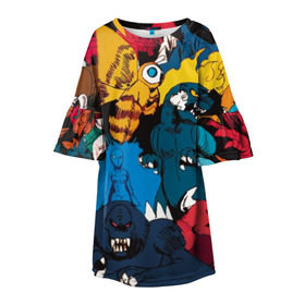 Детское платье 3D с принтом Годзилла в Екатеринбурге, 100% полиэстер | прямой силуэт, чуть расширенный к низу. Круглая горловина, на рукавах — воланы | godzilla | king of the monsters | годзила | годзилла 2 | король монстров