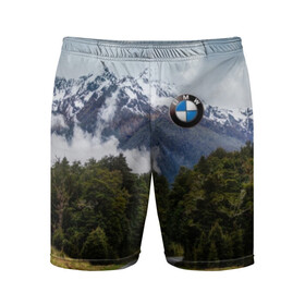 Мужские шорты спортивные с принтом BMW в Екатеринбурге,  |  | asphalt | bmw | clouds | forest | mountains | nature | road | route | sky | snow | top | асфальт | бмв | вершина | горы | дорога | лес | небо | облака | природа | снег | трасса