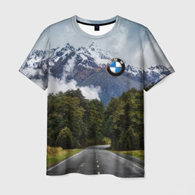 Мужская футболка 3D с принтом BMW в Екатеринбурге, 100% полиэфир | прямой крой, круглый вырез горловины, длина до линии бедер | asphalt | bmw | clouds | forest | mountains | nature | road | route | sky | snow | top | асфальт | бмв | вершина | горы | дорога | лес | небо | облака | природа | снег | трасса