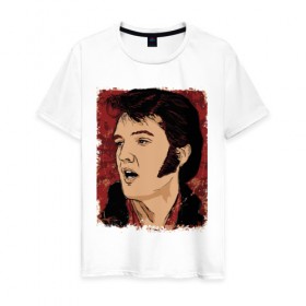 Мужская футболка хлопок с принтом Элвис Пресли в Екатеринбурге, 100% хлопок | прямой крой, круглый вырез горловины, длина до линии бедер, слегка спущенное плечо. | американский. певец. актёр. король рок н ролл