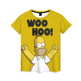Женская футболка 3D с принтом HOMER - WOO HOO! в Екатеринбурге, 100% полиэфир ( синтетическое хлопкоподобное полотно) | прямой крой, круглый вырез горловины, длина до линии бедер | bart | homer | lisa | the simpsons | барт | гомер | лиза | мэгги | симпсоны