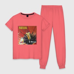 Женская пижама хлопок с принтом Nirvana In Bloom в Екатеринбурге, 100% хлопок | брюки и футболка прямого кроя, без карманов, на брюках мягкая резинка на поясе и по низу штанин | kurt cobain | music | nirvana | rock | кобейн | курт | курт кобейн | музыка | нирвана | рок