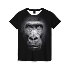 Женская футболка 3D с принтом Горилла в Екатеринбурге, 100% полиэфир ( синтетическое хлопкоподобное полотно) | прямой крой, круглый вырез горловины, длина до линии бедер | animal | black | eyes | fauna | gorilla | gray | look | monkey | muzzle | primate | взгляд | глаза | горилла | животное | обезьяна | примат | серый | фауна | черный