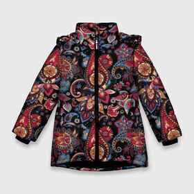 Зимняя куртка для девочек 3D с принтом Этнический орнамент в Екатеринбурге, ткань верха — 100% полиэстер; подклад — 100% полиэстер, утеплитель — 100% полиэстер. | длина ниже бедра, удлиненная спинка, воротник стойка и отстегивающийся капюшон. Есть боковые карманы с листочкой на кнопках, утяжки по низу изделия и внутренний карман на молнии. 

Предусмотрены светоотражающий принт на спинке, радужный светоотражающий элемент на пуллере молнии и на резинке для утяжки. | Тематика изображения на принте: asia | black | blue | curl | east | ethnic | flower | india | ornament | pattern | petal | red | yellow | zendudl | азия | восток | желтый | завитушка | зендудл | индия | красный | лепесток | орнамент | узор | цветок | черный | этнический