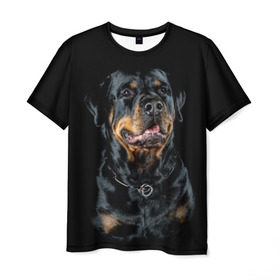 Мужская футболка 3D с принтом Ротвейлер в Екатеринбурге, 100% полиэфир | прямой крой, круглый вырез горловины, длина до линии бедер | animal | black | breed | collar | dog | friend | glance | gloss | man | muzzle | rottweiler | взгляд | друг | животное | лоск | ошейник | пёс | порода | ротвейлер | собака | человека | черный