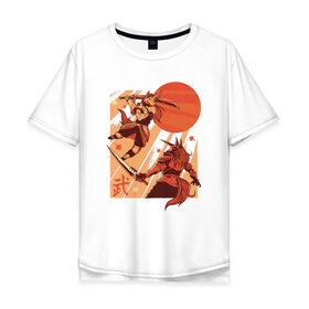 Мужская футболка хлопок Oversize с принтом Битва Единорогов в Екатеринбурге, 100% хлопок | свободный крой, круглый ворот, “спинка” длиннее передней части | unicorn | единорог | ниндзя | самураи | самурай | япония