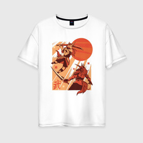 Женская футболка хлопок Oversize с принтом Битва Единорогов в Екатеринбурге, 100% хлопок | свободный крой, круглый ворот, спущенный рукав, длина до линии бедер
 | unicorn | единорог | ниндзя | самураи | самурай | япония