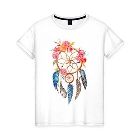 Женская футболка хлопок с принтом Ловец снов в Екатеринбурге, 100% хлопок | прямой крой, круглый вырез горловины, длина до линии бедер, слегка спущенное плечо | ловец снов | магия | перья | цветы