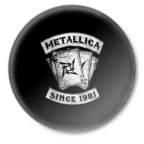 Значок с принтом Metallica в Екатеринбурге,  металл | круглая форма, металлическая застежка в виде булавки | album | black | concert | heavy | kirk | metal | metallica | music | rock | tolls | джеймс хэтфилд | кирк хэмметт | клифф бёртон | ларс ульрих | метал | металлика | трэш