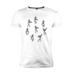 Мужская футболка премиум с принтом Кокопелли в Екатеринбурге, 92% хлопок, 8% лайкра | приталенный силуэт, круглый вырез ворота, длина до линии бедра, короткий рукав | божество | дудочка | индейцы | кокопелли | танец | человечек | человечки