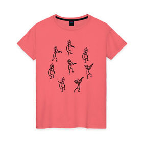 Женская футболка хлопок с принтом Кокопелли в Екатеринбурге, 100% хлопок | прямой крой, круглый вырез горловины, длина до линии бедер, слегка спущенное плечо | божество | дудочка | индейцы | кокопелли | танец | человечек | человечки