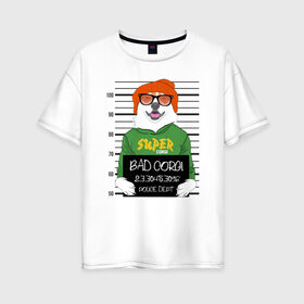 Женская футболка хлопок Oversize с принтом Плохой Корги в Екатеринбурге, 100% хлопок | свободный крой, круглый ворот, спущенный рукав, длина до линии бедер
 | corgi | банда | бандит | гангстер | заключенный | корги | собака | собаки