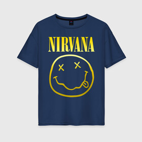 Женская футболка хлопок Oversize с принтом NIRVANA (НА СПИНЕ) в Екатеринбурге, 100% хлопок | свободный крой, круглый ворот, спущенный рукав, длина до линии бедер
 | nirvana | альтернативный рок | гранж | группа | курт кобейн | логотип нирвана | музыка | нирвана | песни | рок