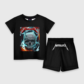 Детский костюм с шортами 3D с принтом Metallica в Екатеринбурге,  |  | Тематика изображения на принте: metallica | rock | арт | гитара | кости | металл | металлика | музыка | рок | череп