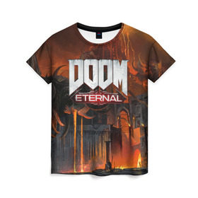 Женская футболка 3D с принтом DOOM Eternal в Екатеринбурге, 100% полиэфир ( синтетическое хлопкоподобное полотно) | прямой крой, круглый вырез горловины, длина до линии бедер | Тематика изображения на принте: bethesda | dead | death | doom | doom eternal | game | games | metal | monster | ps4 | space | steam | xbox | дум | игра | космос | метал | меч | экшн