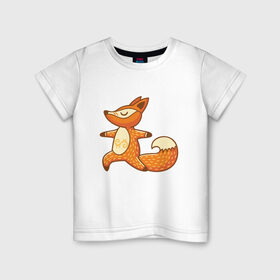 Детская футболка хлопок с принтом Лисенок занимается йогой в Екатеринбурге, 100% хлопок | круглый вырез горловины, полуприлегающий силуэт, длина до линии бедер | fox | гимнастика | йога | лис | лиса | лисенок | рыжая | упражнения