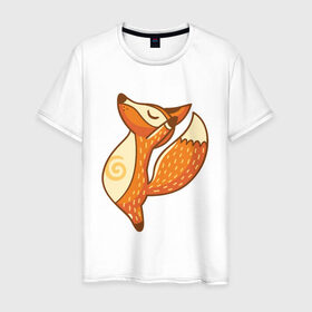 Мужская футболка хлопок с принтом Лисенок занимается йогой в Екатеринбурге, 100% хлопок | прямой крой, круглый вырез горловины, длина до линии бедер, слегка спущенное плечо. | fox | гимнастика | йога | лис | лиса | лисенок | рыжая | упражнения
