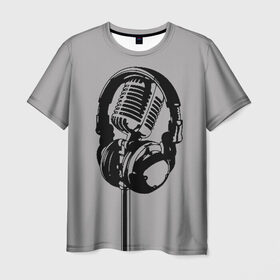 Мужская футболка 3D с принтом Микрофон в Екатеринбурге, 100% полиэфир | прямой крой, круглый вырез горловины, длина до линии бедер | black | gray | headphones | microphone | music | music lover | sound | звук | меломан | микрофон | музыка | наушники | серый | черный