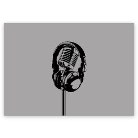 Поздравительная открытка с принтом Микрофон в Екатеринбурге, 100% бумага | плотность бумаги 280 г/м2, матовая, на обратной стороне линовка и место для марки
 | black | gray | headphones | microphone | music | music lover | sound | звук | меломан | микрофон | музыка | наушники | серый | черный