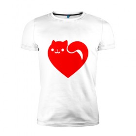 Мужская футболка премиум с принтом Love Cat в Екатеринбурге, 92% хлопок, 8% лайкра | приталенный силуэт, круглый вырез ворота, длина до линии бедра, короткий рукав | animal | cat | cute | heart | kitty | meow | друг | животные | киска | китти | кот | котенок | котик | кошечка | кошка | лев | леопард | любовь | милый | мур | мышь | мяу | пантера | питомец | рысь | сердце | тигр | улыбка
