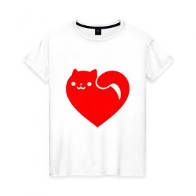 Женская футболка хлопок с принтом Love Cat в Екатеринбурге, 100% хлопок | прямой крой, круглый вырез горловины, длина до линии бедер, слегка спущенное плечо | animal | cat | cute | heart | kitty | meow | друг | животные | киска | китти | кот | котенок | котик | кошечка | кошка | лев | леопард | любовь | милый | мур | мышь | мяу | пантера | питомец | рысь | сердце | тигр | улыбка