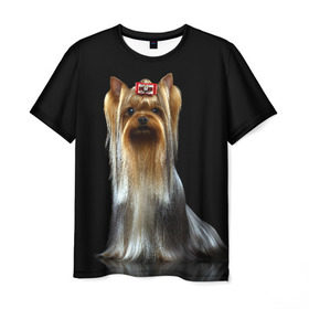 Мужская футболка 3D с принтом Йоркширский терьер в Екатеринбурге, 100% полиэфир | прямой крой, круглый вырез горловины, длина до линии бедер | Тематика изображения на принте: animal | barrette | breed | cute | dog | funny | muzzle | small | terrier | yorkshire | животное | забавный | заколка | йоркширский | маленький | милый | порода | смешной | собака | терьер