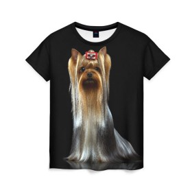 Женская футболка 3D с принтом Йоркширский терьер в Екатеринбурге, 100% полиэфир ( синтетическое хлопкоподобное полотно) | прямой крой, круглый вырез горловины, длина до линии бедер | animal | barrette | breed | cute | dog | funny | muzzle | small | terrier | yorkshire | животное | забавный | заколка | йоркширский | маленький | милый | порода | смешной | собака | терьер
