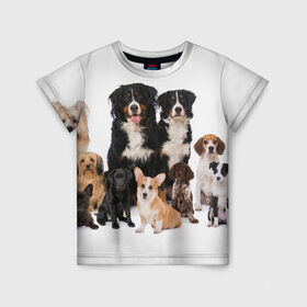 Детская футболка 3D с принтом Породистые собаки в Екатеринбурге, 100% гипоаллергенный полиэфир | прямой крой, круглый вырез горловины, длина до линии бедер, чуть спущенное плечо, ткань немного тянется | animal | bernese | breed | bulldog | corgi | cute | dog | french | funny | jack | labrador | mountain dog | muzzle | paws | pug | puppy | spaniel | бернский | бульдог | джек рассел | животное | забавный | зенненхунд | корги | лабрадор | лапы | милый