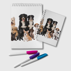 Блокнот с принтом Породистые собаки в Екатеринбурге, 100% бумага | 48 листов, плотность листов — 60 г/м2, плотность картонной обложки — 250 г/м2. Листы скреплены удобной пружинной спиралью. Цвет линий — светло-серый
 | animal | bernese | breed | bulldog | corgi | cute | dog | french | funny | jack | labrador | mountain dog | muzzle | paws | pug | puppy | spaniel | бернский | бульдог | джек рассел | животное | забавный | зенненхунд | корги | лабрадор | лапы | милый