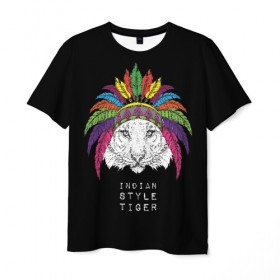 Мужская футболка 3D с принтом Indian style tiger в Екатеринбурге, 100% полиэфир | прямой крой, круглый вырез горловины, длина до линии бедер | animal | ethnic | feathers | multicolored | muzzle | predator | tiger | животное | перья | разноцветный | тигр | этнический