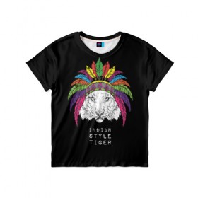 Детская футболка 3D с принтом Indian style tiger в Екатеринбурге, 100% гипоаллергенный полиэфир | прямой крой, круглый вырез горловины, длина до линии бедер, чуть спущенное плечо, ткань немного тянется | animal | ethnic | feathers | multicolored | muzzle | predator | tiger | животное | перья | разноцветный | тигр | этнический