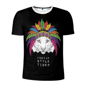 Мужская футболка 3D спортивная с принтом Indian style tiger в Екатеринбурге, 100% полиэстер с улучшенными характеристиками | приталенный силуэт, круглая горловина, широкие плечи, сужается к линии бедра | animal | ethnic | feathers | multicolored | muzzle | predator | tiger | животное | перья | разноцветный | тигр | этнический