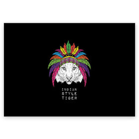 Поздравительная открытка с принтом Indian style tiger в Екатеринбурге, 100% бумага | плотность бумаги 280 г/м2, матовая, на обратной стороне линовка и место для марки
 | Тематика изображения на принте: animal | ethnic | feathers | multicolored | muzzle | predator | tiger | животное | перья | разноцветный | тигр | этнический
