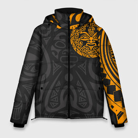 Мужская зимняя куртка 3D с принтом Polynesian tattoo в Екатеринбурге, верх — 100% полиэстер; подкладка — 100% полиэстер; утеплитель — 100% полиэстер | длина ниже бедра, свободный силуэт Оверсайз. Есть воротник-стойка, отстегивающийся капюшон и ветрозащитная планка. 

Боковые карманы с листочкой на кнопках и внутренний карман на молнии. | polynesian | tattoo | волна | геометрия | завитушка | маори | маска | орнамент. золото | полинезия | татуировка | татуха | трайбл | узор | черепаха | ящерица. солнце